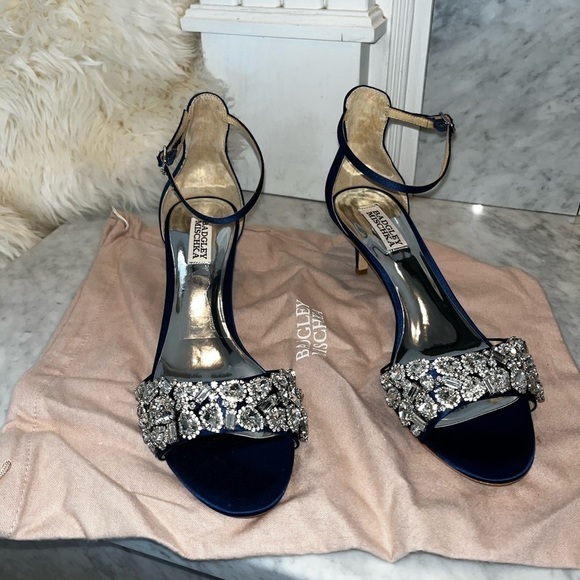 BADGLEY Mischka Lara Crystal Dress Sandal Navy Satin Size 9.5 - Picture 7 of 14